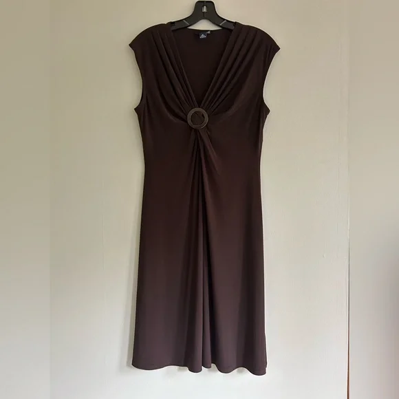 CHAPS Babydoll Chocolate Brown Y2K O Ring Jersey Midi Dress Preppy Retro | Sz M - Picture 3 of 11